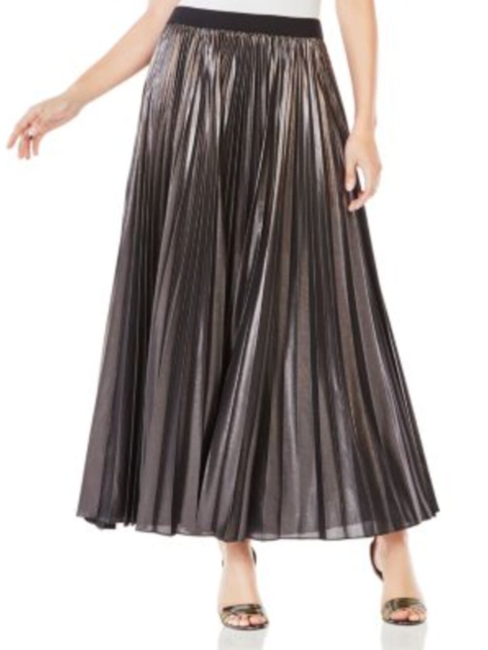 BCBGMAXAZRIA Dallin Metallic Pleated Maxi Skirt Charcoal Gray Women's Size M